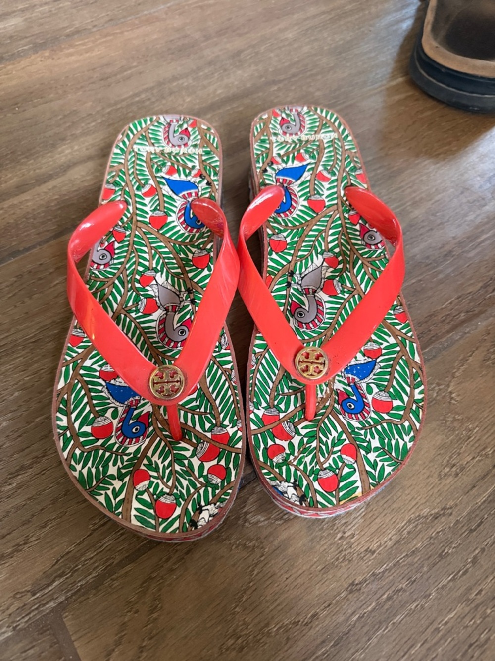Tory Burch Coral Red Logo Flip Flops with Green Botanical Print